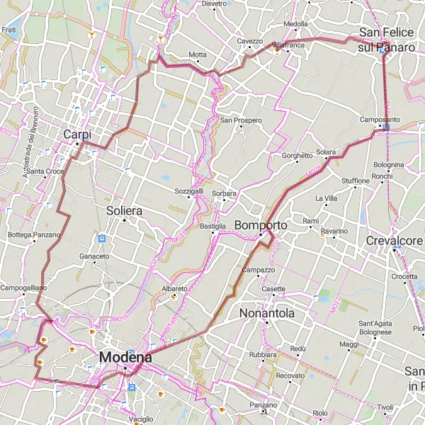 Miniatua del mapa de inspiración ciclista "Ruta de grava desde Bomporto hasta Medolla" en Emilia-Romagna, Italy. Generado por Tarmacs.app planificador de rutas ciclistas