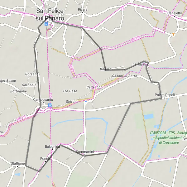Miniatua del mapa de inspiración ciclista "Ruta corta por carretera desde San Felice sul Panaro" en Emilia-Romagna, Italy. Generado por Tarmacs.app planificador de rutas ciclistas