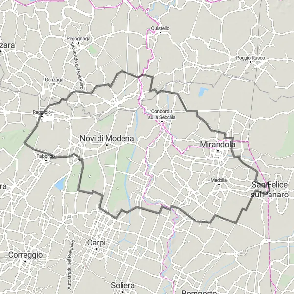 Miniatua del mapa de inspiración ciclista "Excursión en Carretera a Reggiolo" en Emilia-Romagna, Italy. Generado por Tarmacs.app planificador de rutas ciclistas