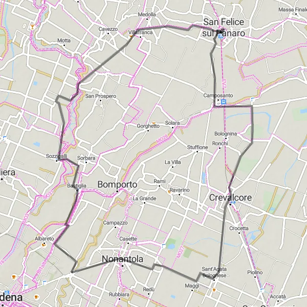 Kartminiatyr av "Oppdagende rute til Crevalcore" sykkelinspirasjon i Emilia-Romagna, Italy. Generert av Tarmacs.app sykkelrutoplanlegger