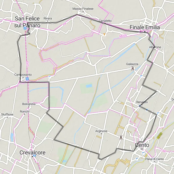 Miniatua del mapa de inspiración ciclista "Ruta de ciclismo de carretera San Felice sul Panaro - Camposanto" en Emilia-Romagna, Italy. Generado por Tarmacs.app planificador de rutas ciclistas