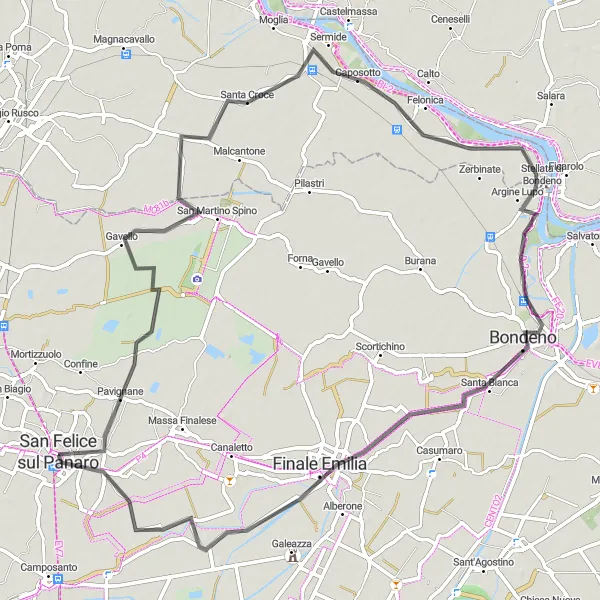 Zemljevid v pomanjšavi "Krožna kolesarska pot iz San Felice sul Panaro" kolesarske inspiracije v Emilia-Romagna, Italy. Generirano z načrtovalcem kolesarskih poti Tarmacs.app
