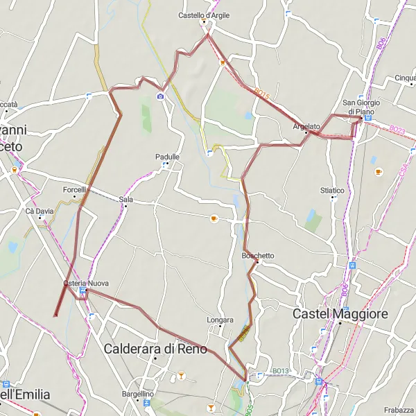 Miniatua del mapa de inspiración ciclista "Ruta de Grava alrededor de San Giorgio di Piano" en Emilia-Romagna, Italy. Generado por Tarmacs.app planificador de rutas ciclistas