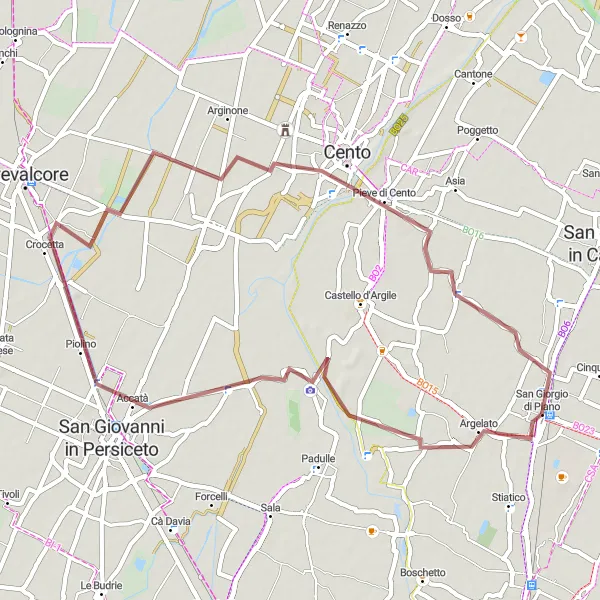 Miniatua del mapa de inspiración ciclista "Ruta de Grava a Pieve di Cento" en Emilia-Romagna, Italy. Generado por Tarmacs.app planificador de rutas ciclistas