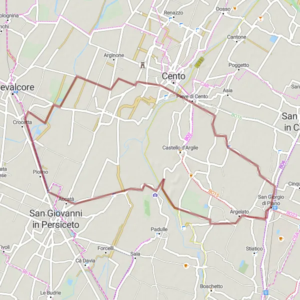 Miniatura della mappa di ispirazione al ciclismo "Viaggio tra Argelato e Pieve di Cento" nella regione di Emilia-Romagna, Italy. Generata da Tarmacs.app, pianificatore di rotte ciclistiche