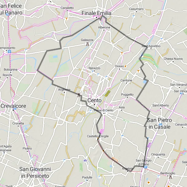 Miniatua del mapa de inspiración ciclista "Ruta de Ciclismo en las Afueras de San Giorgio di Piano" en Emilia-Romagna, Italy. Generado por Tarmacs.app planificador de rutas ciclistas