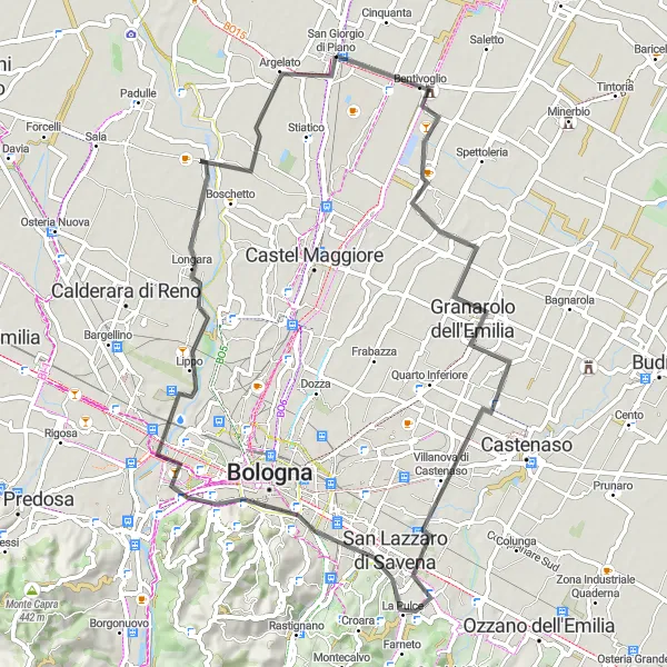 Miniature de la carte de l'inspiration cycliste "Bologna Hills Explorer" dans la Emilia-Romagna, Italy. Générée par le planificateur d'itinéraire cycliste Tarmacs.app
