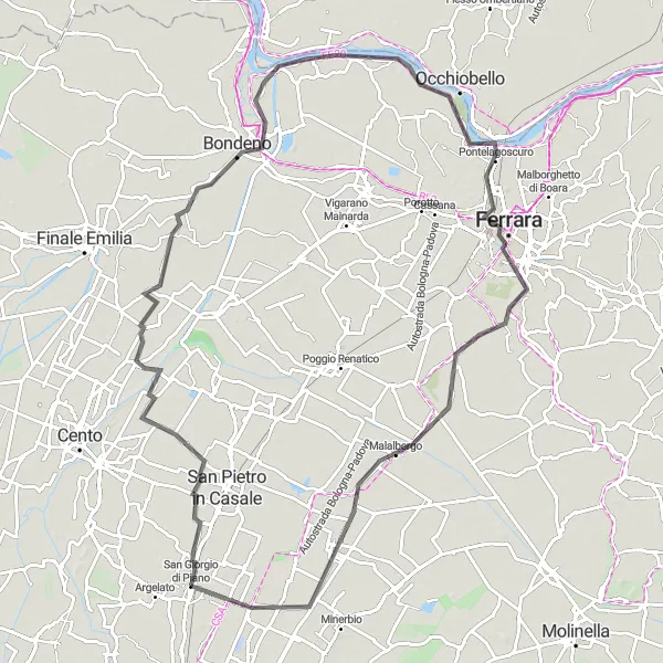 Miniatua del mapa de inspiración ciclista "Ruta de Carretera a Ferrara" en Emilia-Romagna, Italy. Generado por Tarmacs.app planificador de rutas ciclistas