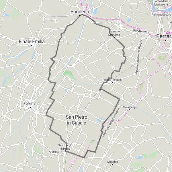 Miniatua del mapa de inspiración ciclista "Ruta de ciclismo por carretera San Giorgio di Piano - Bentivoglio" en Emilia-Romagna, Italy. Generado por Tarmacs.app planificador de rutas ciclistas