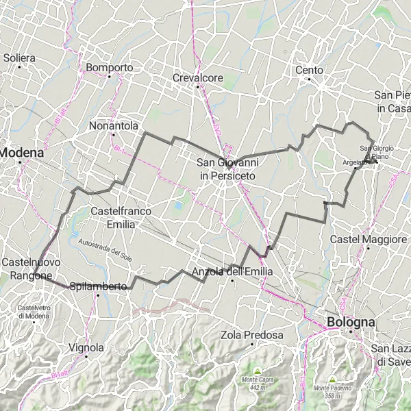 Miniatua del mapa de inspiración ciclista "Ruta de ciclismo por carretera San Giorgio di Piano - Castello d'Argile" en Emilia-Romagna, Italy. Generado por Tarmacs.app planificador de rutas ciclistas