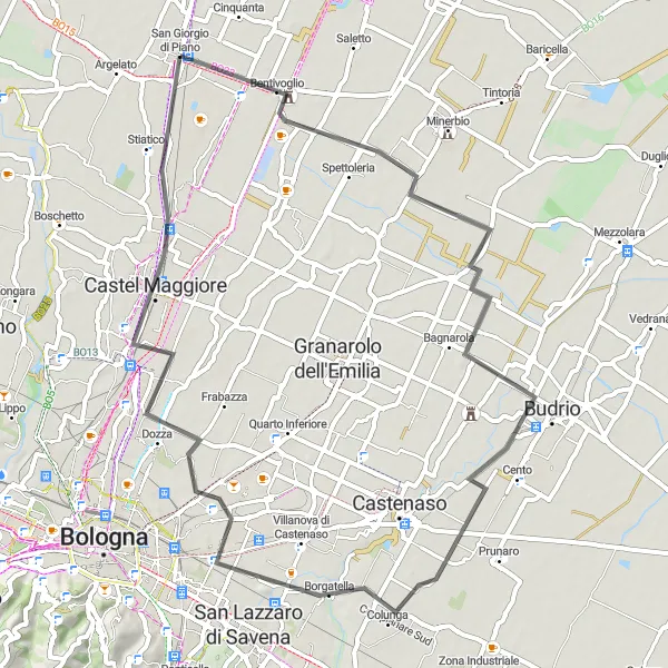 Kartminiatyr av "Rundtur till Borgatella" cykelinspiration i Emilia-Romagna, Italy. Genererad av Tarmacs.app cykelruttplanerare