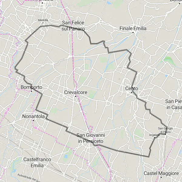 Miniatua del mapa de inspiración ciclista "Vuelta en Bici de San Giorgio di Piano a Medolla" en Emilia-Romagna, Italy. Generado por Tarmacs.app planificador de rutas ciclistas