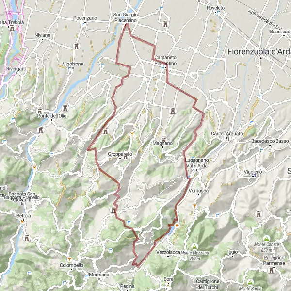 Miniaturní mapa "Gravelový okruh kolem San Giorgio Piacentino" inspirace pro cyklisty v oblasti Emilia-Romagna, Italy. Vytvořeno pomocí plánovače tras Tarmacs.app