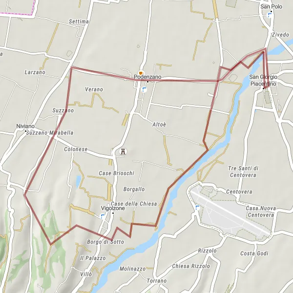 Zemljevid v pomanjšavi "Gravel journey to Podenzano" kolesarske inspiracije v Emilia-Romagna, Italy. Generirano z načrtovalcem kolesarskih poti Tarmacs.app