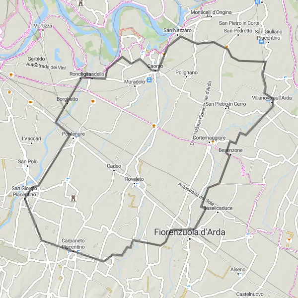 Mapa miniatúra "Cestná cyklotrasa okolo San Giorgio Piacentino" cyklistická inšpirácia v Emilia-Romagna, Italy. Vygenerované cyklistickým plánovačom trás Tarmacs.app