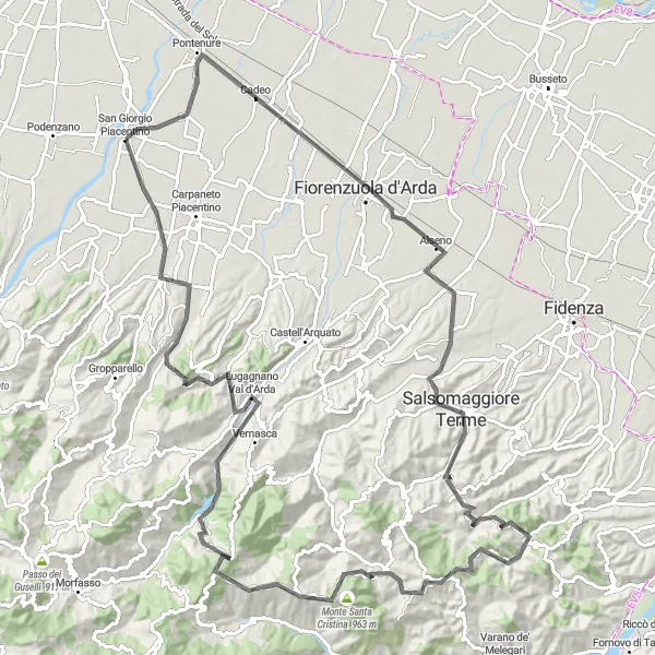 Map miniature of "Mountain Challenge" cycling inspiration in Emilia-Romagna, Italy. Generated by Tarmacs.app cycling route planner