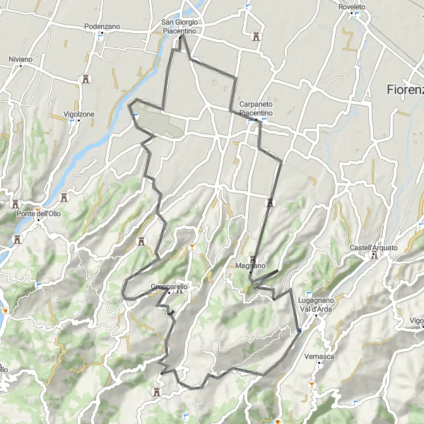 Miniaturní mapa "Cyklotrasa Carpaneto Piacentino" inspirace pro cyklisty v oblasti Emilia-Romagna, Italy. Vytvořeno pomocí plánovače tras Tarmacs.app