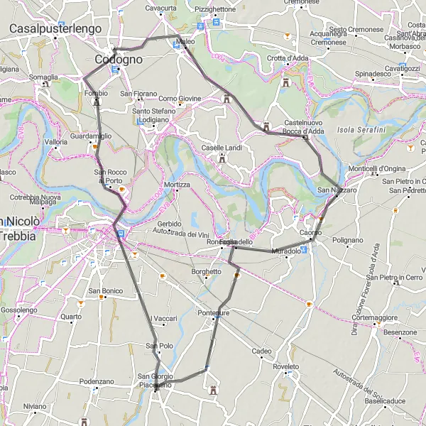 Miniature de la carte de l'inspiration cycliste "Boucle de San Rocco al Porto" dans la Emilia-Romagna, Italy. Générée par le planificateur d'itinéraire cycliste Tarmacs.app