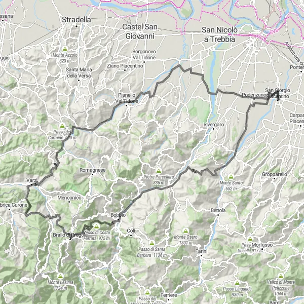 Miniaturní mapa "Cyklotrasa Vigolzone - Monte Bissolo" inspirace pro cyklisty v oblasti Emilia-Romagna, Italy. Vytvořeno pomocí plánovače tras Tarmacs.app