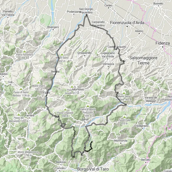 Map miniature of "The Grueling Challenge" cycling inspiration in Emilia-Romagna, Italy. Generated by Tarmacs.app cycling route planner