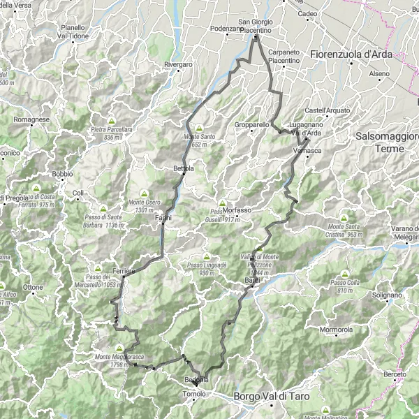 Zemljevid v pomanjšavi "Epska kolesarska avantura od Lugagnano Val d'Arda do Centovere" kolesarske inspiracije v Emilia-Romagna, Italy. Generirano z načrtovalcem kolesarskih poti Tarmacs.app