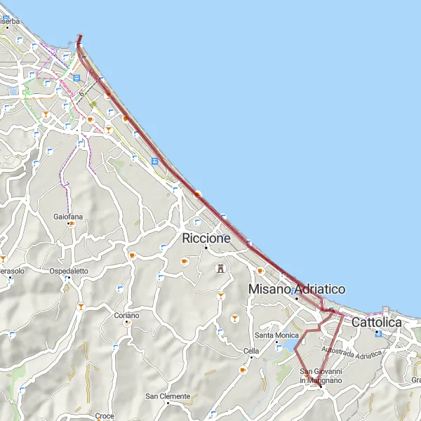 Miniatura mapy "Trasa rowerowa przez wybrzeże Adriatyku" - trasy rowerowej w Emilia-Romagna, Italy. Wygenerowane przez planer tras rowerowych Tarmacs.app
