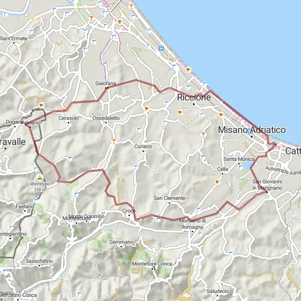 Miniatura della mappa di ispirazione al ciclismo "Avventura Gravel tra Colline e Mare" nella regione di Emilia-Romagna, Italy. Generata da Tarmacs.app, pianificatore di rotte ciclistiche