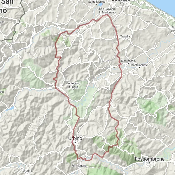 Mapa miniatúra "Gravelová trasa kolem Urbina a Tavoleto" cyklistická inšpirácia v Emilia-Romagna, Italy. Vygenerované cyklistickým plánovačom trás Tarmacs.app