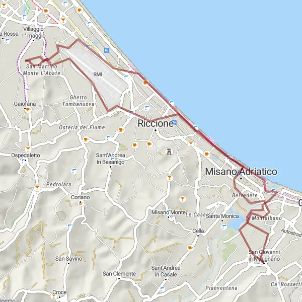 Miniaturní mapa "Coastal Gravel Adventure" inspirace pro cyklisty v oblasti Emilia-Romagna, Italy. Vytvořeno pomocí plánovače tras Tarmacs.app