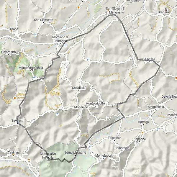 Mapa miniatúra "Jazda po malebných kopcoch" cyklistická inšpirácia v Emilia-Romagna, Italy. Vygenerované cyklistickým plánovačom trás Tarmacs.app