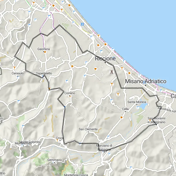 Map miniature of "Riccione Loop Road Cycling Route" cycling inspiration in Emilia-Romagna, Italy. Generated by Tarmacs.app cycling route planner