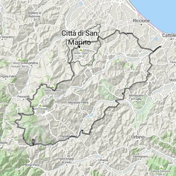 Kartminiatyr av "Saludecio til San Giovanni in Marignano Utfordring" sykkelinspirasjon i Emilia-Romagna, Italy. Generert av Tarmacs.app sykkelrutoplanlegger