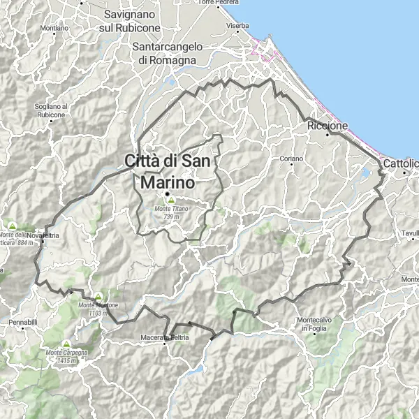 Kartminiatyr av "Utforsk Monte San Marco-området på veien" sykkelinspirasjon i Emilia-Romagna, Italy. Generert av Tarmacs.app sykkelrutoplanlegger