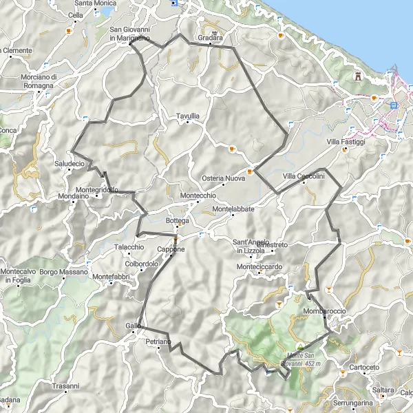 Mapa miniatúra "Cestná trasa cez Gradara a Montegridolfo" cyklistická inšpirácia v Emilia-Romagna, Italy. Vygenerované cyklistickým plánovačom trás Tarmacs.app