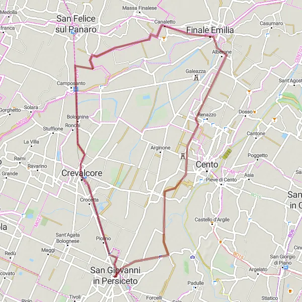 Mapa miniatúra "Gravelový okruh cez Camposanto, Finale Emilia a Renazzo" cyklistická inšpirácia v Emilia-Romagna, Italy. Vygenerované cyklistickým plánovačom trás Tarmacs.app