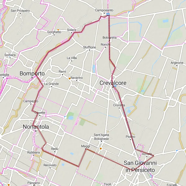 Mapa miniatúra "Gravelový okruh cez Nonantola, Bomporto, Camposanto a Crevalcore" cyklistická inšpirácia v Emilia-Romagna, Italy. Vygenerované cyklistickým plánovačom trás Tarmacs.app