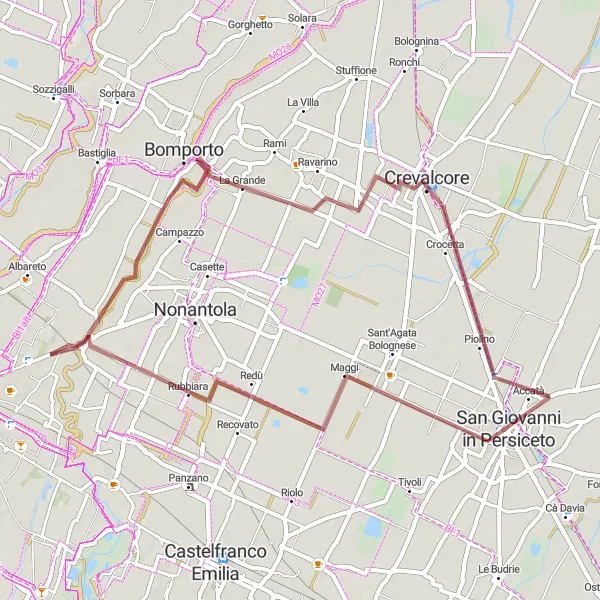 Miniatua del mapa de inspiración ciclista "Ruta de Ciclismo de Grava a Bomporto" en Emilia-Romagna, Italy. Generado por Tarmacs.app planificador de rutas ciclistas