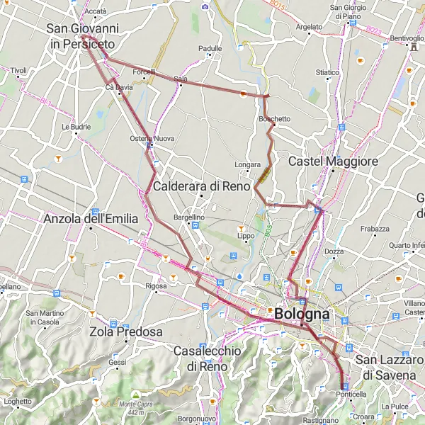 Mapa miniatúra "Trasa okolo San Giovanni in Persiceto - Bologna - Torre Azzoguidi - Borgo Panigale - Villa Terracini - Osservatorio Astronomico "Giorgio Abetti"" cyklistická inšpirácia v Emilia-Romagna, Italy. Vygenerované cyklistickým plánovačom trás Tarmacs.app