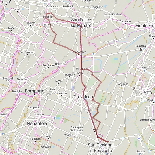 Miniatua del mapa de inspiración ciclista "Ruta por Crevalcore - Sammartini" en Emilia-Romagna, Italy. Generado por Tarmacs.app planificador de rutas ciclistas