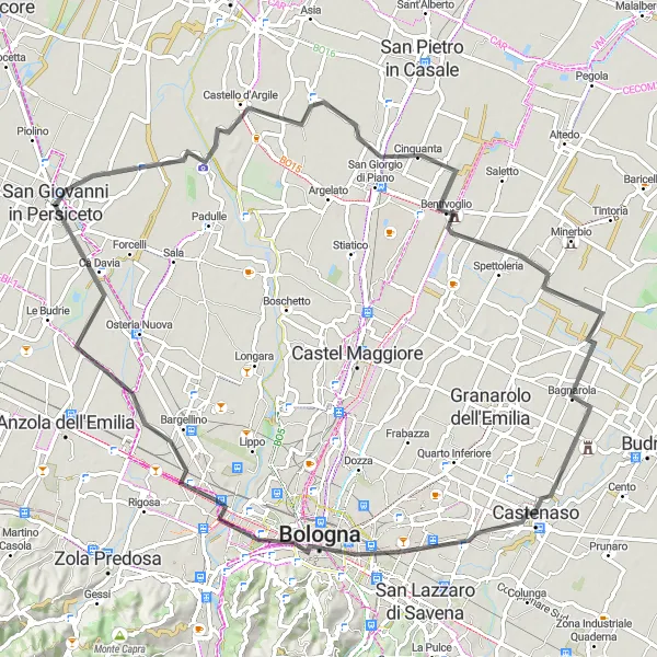 Miniatua del mapa de inspiración ciclista "Ruta de Castello d'Argile" en Emilia-Romagna, Italy. Generado por Tarmacs.app planificador de rutas ciclistas