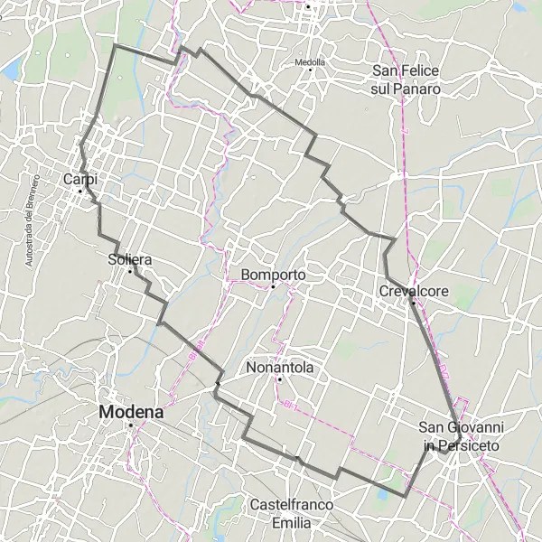 Map miniature of "Gentle Hills and Historic Towns" cycling inspiration in Emilia-Romagna, Italy. Generated by Tarmacs.app cycling route planner