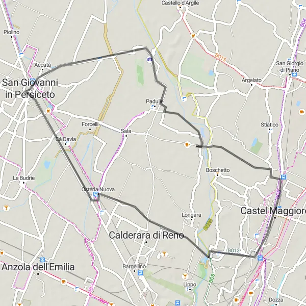 Mapa miniatúra "Okruh cez Padulle, Castel Maggiore a Calderara di Reno" cyklistická inšpirácia v Emilia-Romagna, Italy. Vygenerované cyklistickým plánovačom trás Tarmacs.app