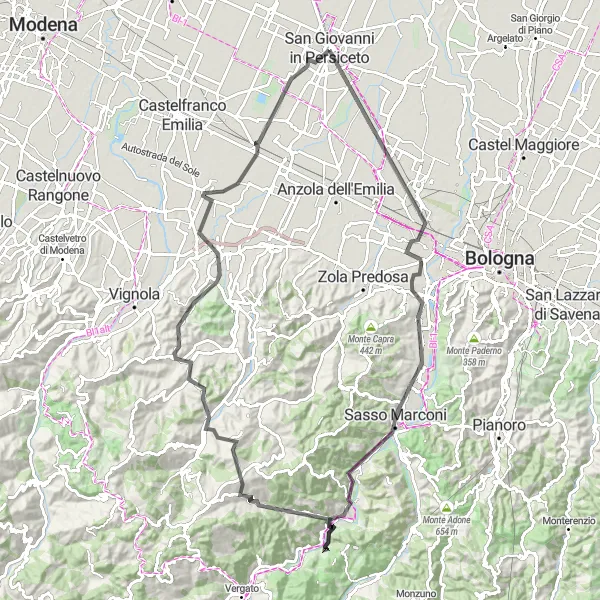 Map miniature of "Challenging Hills and Scenic Landmarks" cycling inspiration in Emilia-Romagna, Italy. Generated by Tarmacs.app cycling route planner