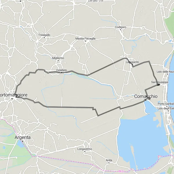 Miniatua del mapa de inspiración ciclista "Ruta de Carretera a Comacchio y Lagosanto" en Emilia-Romagna, Italy. Generado por Tarmacs.app planificador de rutas ciclistas