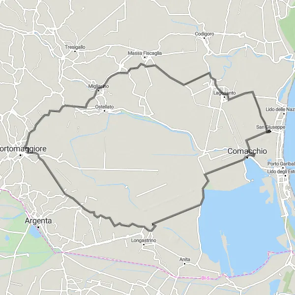 Miniatua del mapa de inspiración ciclista "Ruta tranquila por Menate y Massa Fiscaglia" en Emilia-Romagna, Italy. Generado por Tarmacs.app planificador de rutas ciclistas