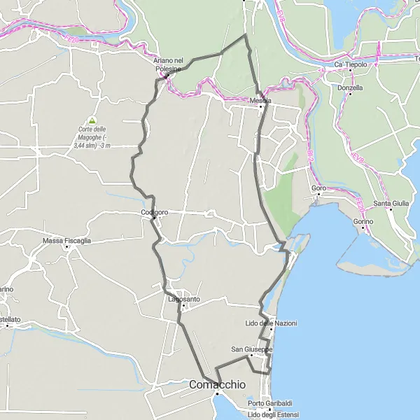 Zemljevid v pomanjšavi "Kolesarska pot Comacchio-Lido delle Nazioni" kolesarske inspiracije v Emilia-Romagna, Italy. Generirano z načrtovalcem kolesarskih poti Tarmacs.app