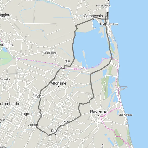 Miniatua del mapa de inspiración ciclista "Aventura en Porto Garibaldi y Trepponti" en Emilia-Romagna, Italy. Generado por Tarmacs.app planificador de rutas ciclistas