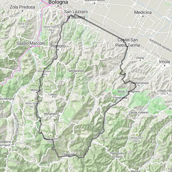 Miniatua del mapa de inspiración ciclista "Ruta de ciclismo de carretera desde San Lazzaro" en Emilia-Romagna, Italy. Generado por Tarmacs.app planificador de rutas ciclistas