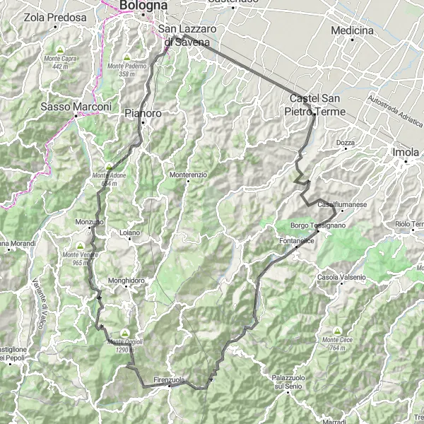 Miniatura della mappa di ispirazione al ciclismo "Giro ciclistico attraverso le colline dell'Emilia" nella regione di Emilia-Romagna, Italy. Generata da Tarmacs.app, pianificatore di rotte ciclistiche