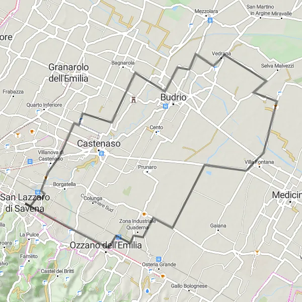 Zemljevid v pomanjšavi "Krožna cestna pot do San Lazzaro Jussi" kolesarske inspiracije v Emilia-Romagna, Italy. Generirano z načrtovalcem kolesarskih poti Tarmacs.app